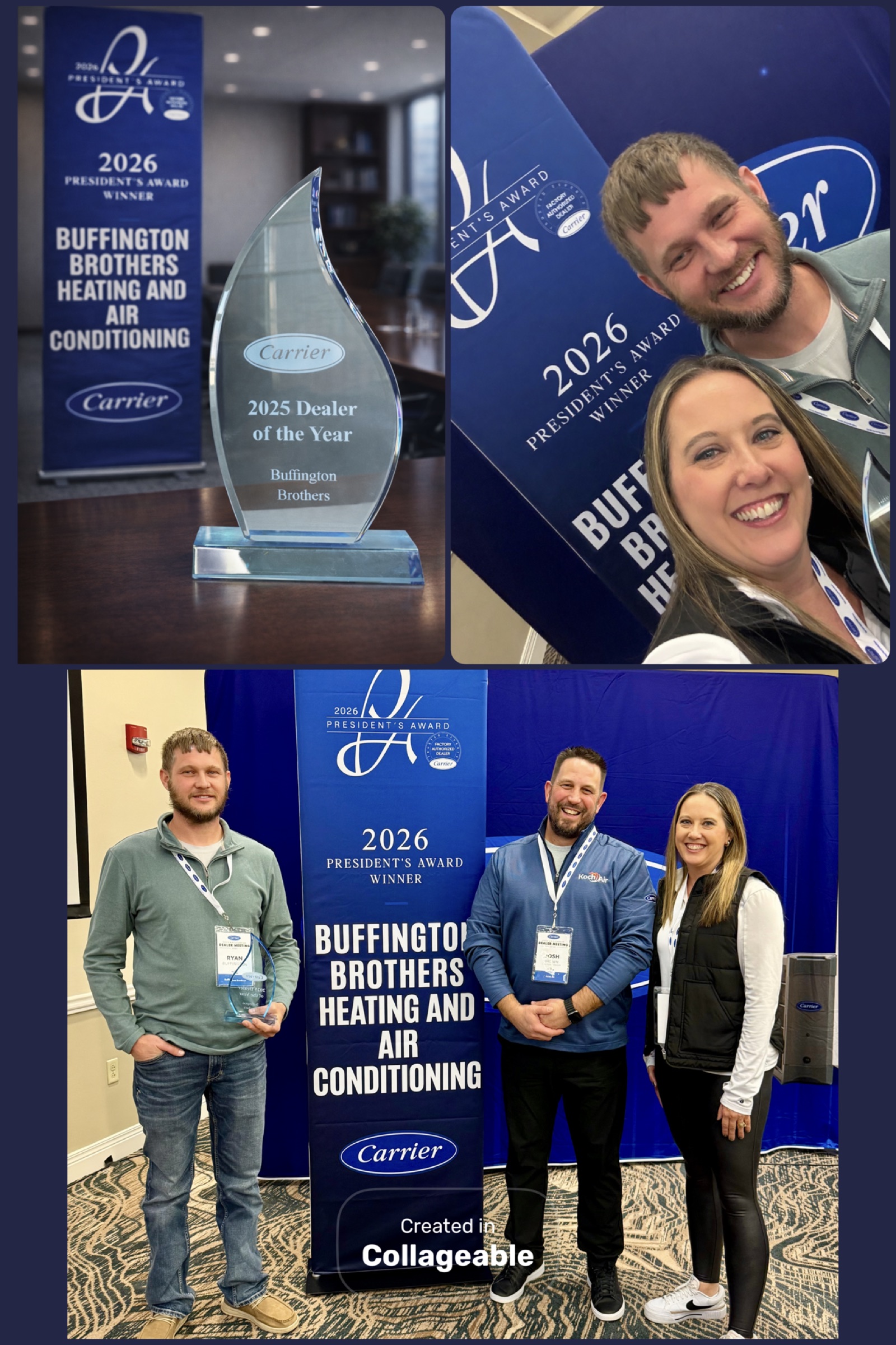 Buffington Brothers team members with the Carrier 2026 President's Award and Koch Air 2025 Dealer of the Year trophies at the Koch Air Carrier dealer meeting.